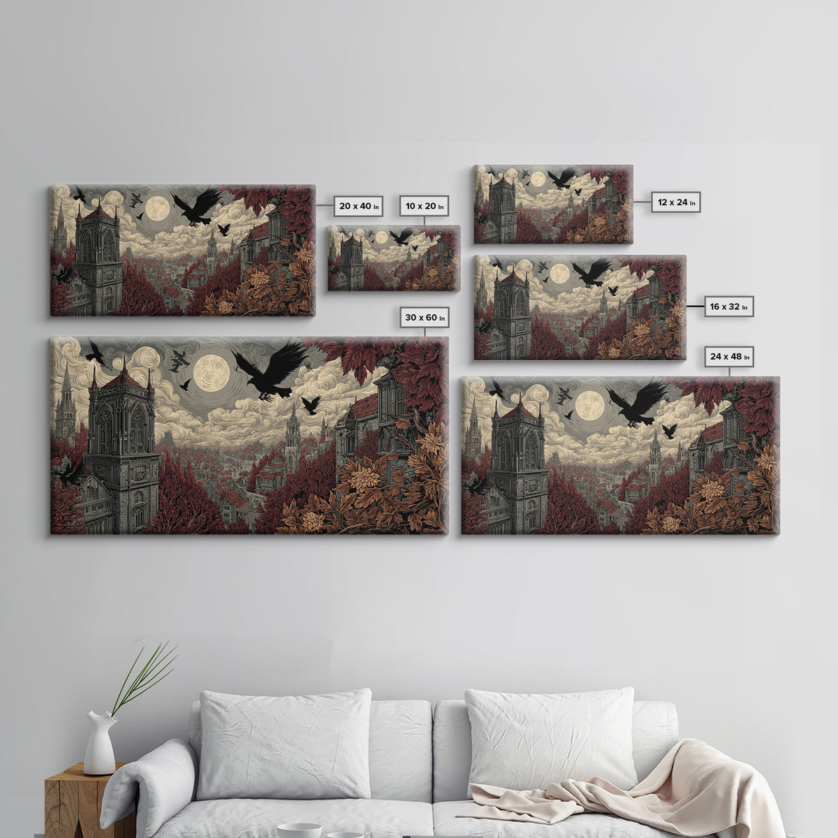 The Gargoyle Rooftop Choir - Environmental Panorama, Dark Fantasy Wall Art, Wide Panoramic Art, Canvas Print, Halloween Home Decor