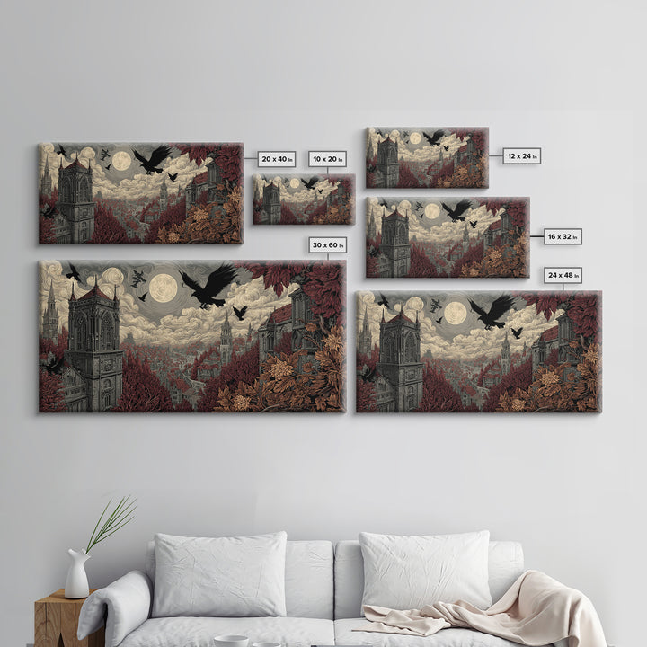The Gargoyle Rooftop Choir - Environmental Panorama, Dark Fantasy Wall Art, Wide Panoramic Art, Canvas Print, Halloween Home Decor