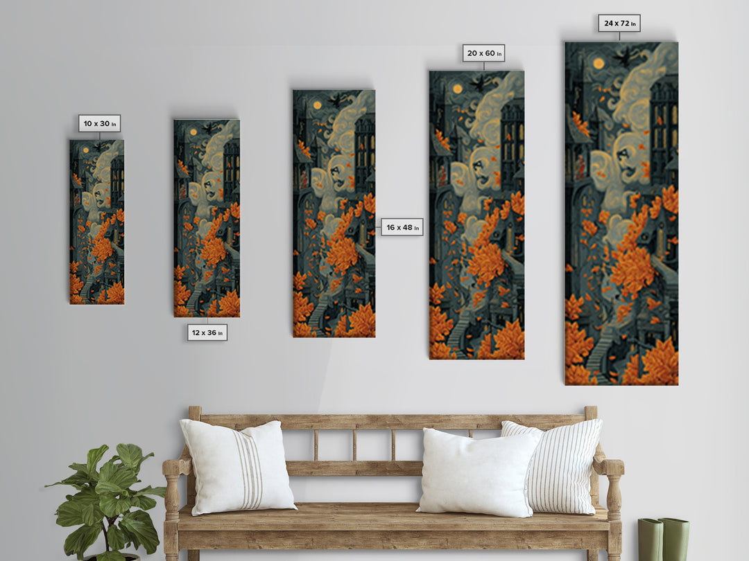 The Gargoyle Rooftop Choir - Environmental Panorama, Dark Fantasy Wall Art, Tall Narrow Wall Art, Canvas Print, Halloween Home Decor