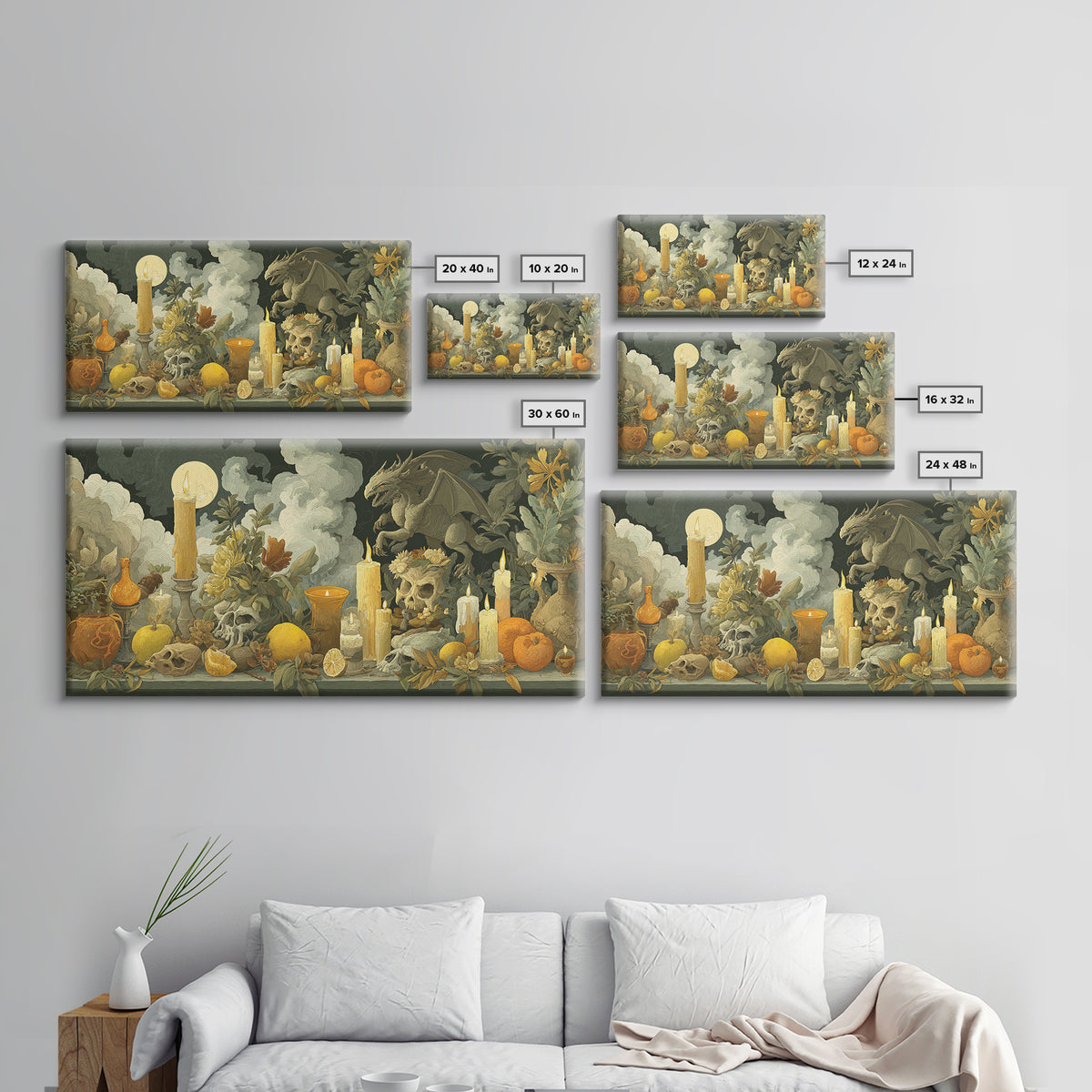 The Gargoyle Rooftop Choir - Occult Still Life, Gothic Home Decor, Wide Panoramic Art, Canvas Print, Halloween Home Decor, Gothic Wall Art