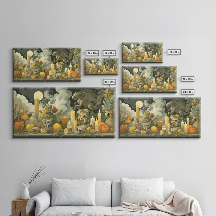 The Gargoyle Rooftop Choir - Occult Still Life, Gothic Home Decor, Wide Panoramic Art, Canvas Print, Halloween Home Decor, Gothic Wall Art