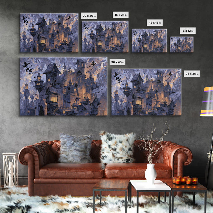 The Gargoyle Rooftop Choir - Procession Scene, Macabre Halloween Art, Landscape Wall Art, Framed Canvas Print, Halloween Home Decor