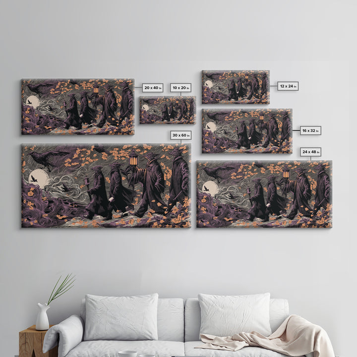 The Gargoyle Rooftop Choir - Procession Scene, Spooky Wall Decor, Wide Panoramic Art, Framed Canvas Print, Halloween Home Decor