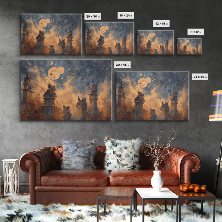 The Gargoyle Rooftop Choir - Surreal Celestial Vision, Halloween Wall Art, Landscape Wall Art, Framed Canvas Print, Halloween Home Decor