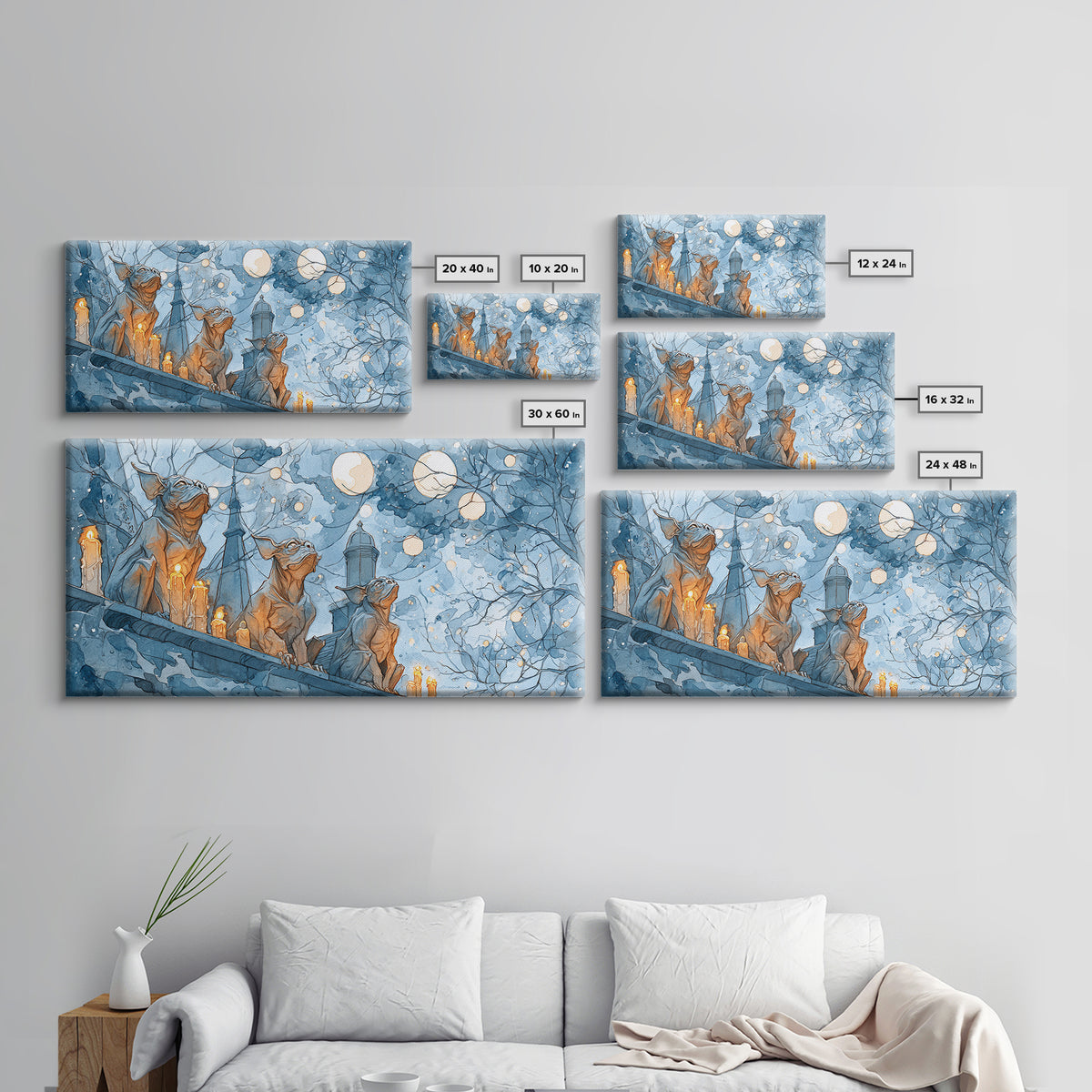 The Gargoyle Rooftop Choir - Surreal Celestial Vision, Macabre Halloween Art, Wide Panoramic Art, Framed Canvas Print, Halloween Home Decor