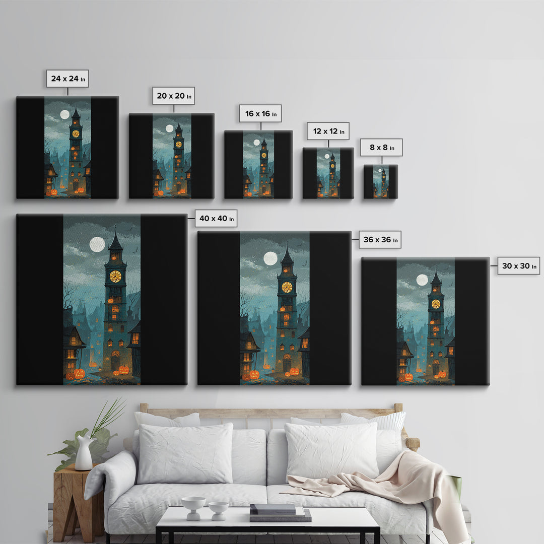 The October Clock Tower - Icon Portrait, Spooky Wall Decor, Square Wall Art, Framed Canvas Print, Halloween Home Decor, Gothic Wall Art