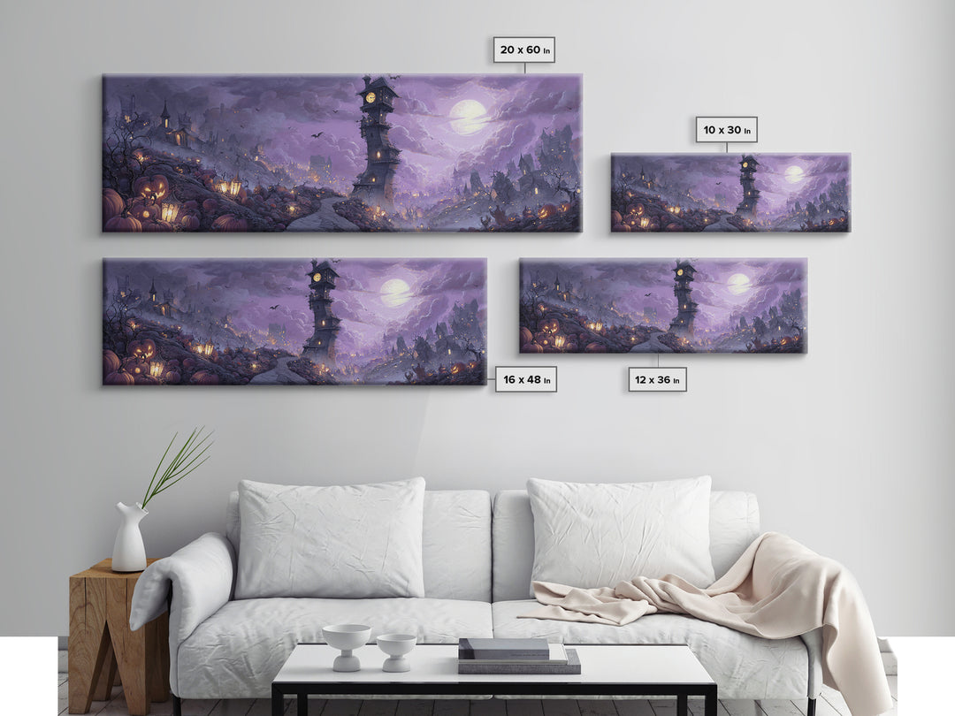 The October Clock Tower - Environmental Panorama, Spooky Wall Decor, Extra Wide Wall Art, Framed Canvas Print, Halloween Home Decor