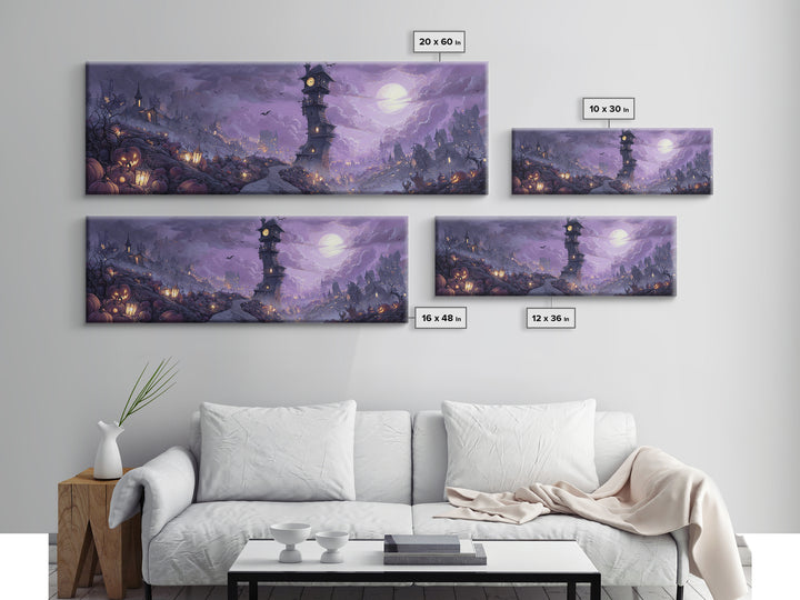 The October Clock Tower - Environmental Panorama, Spooky Wall Decor, Extra Wide Wall Art, Framed Canvas Print, Halloween Home Decor