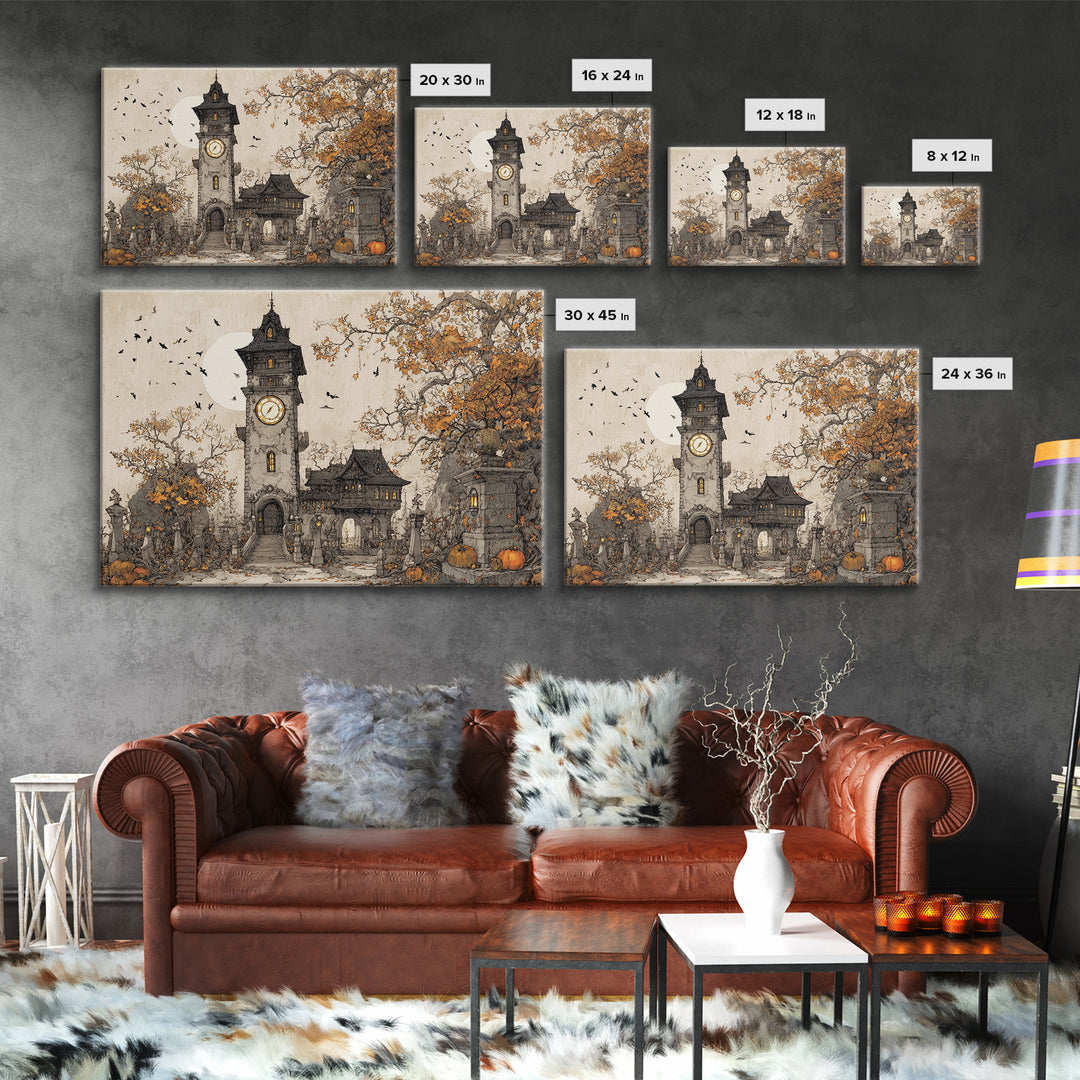 The October Clock Tower - Procession Scene, Dark Fantasy Wall Art, Landscape Wall Art, Canvas Print, Halloween Home Decor, Gothic Wall Art