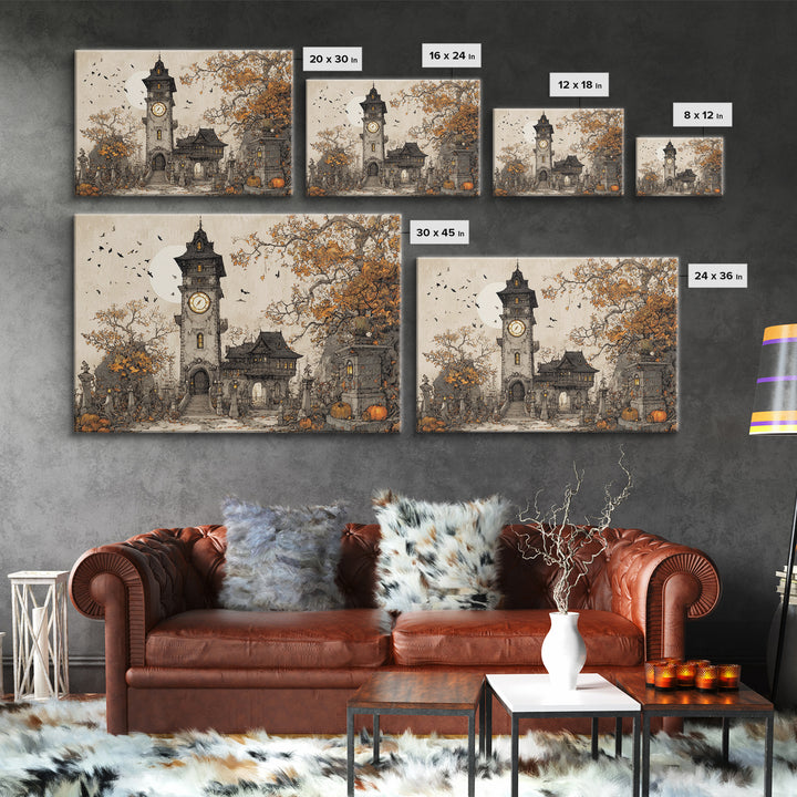The October Clock Tower - Procession Scene, Dark Fantasy Wall Art, Landscape Wall Art, Canvas Print, Halloween Home Decor, Gothic Wall Art