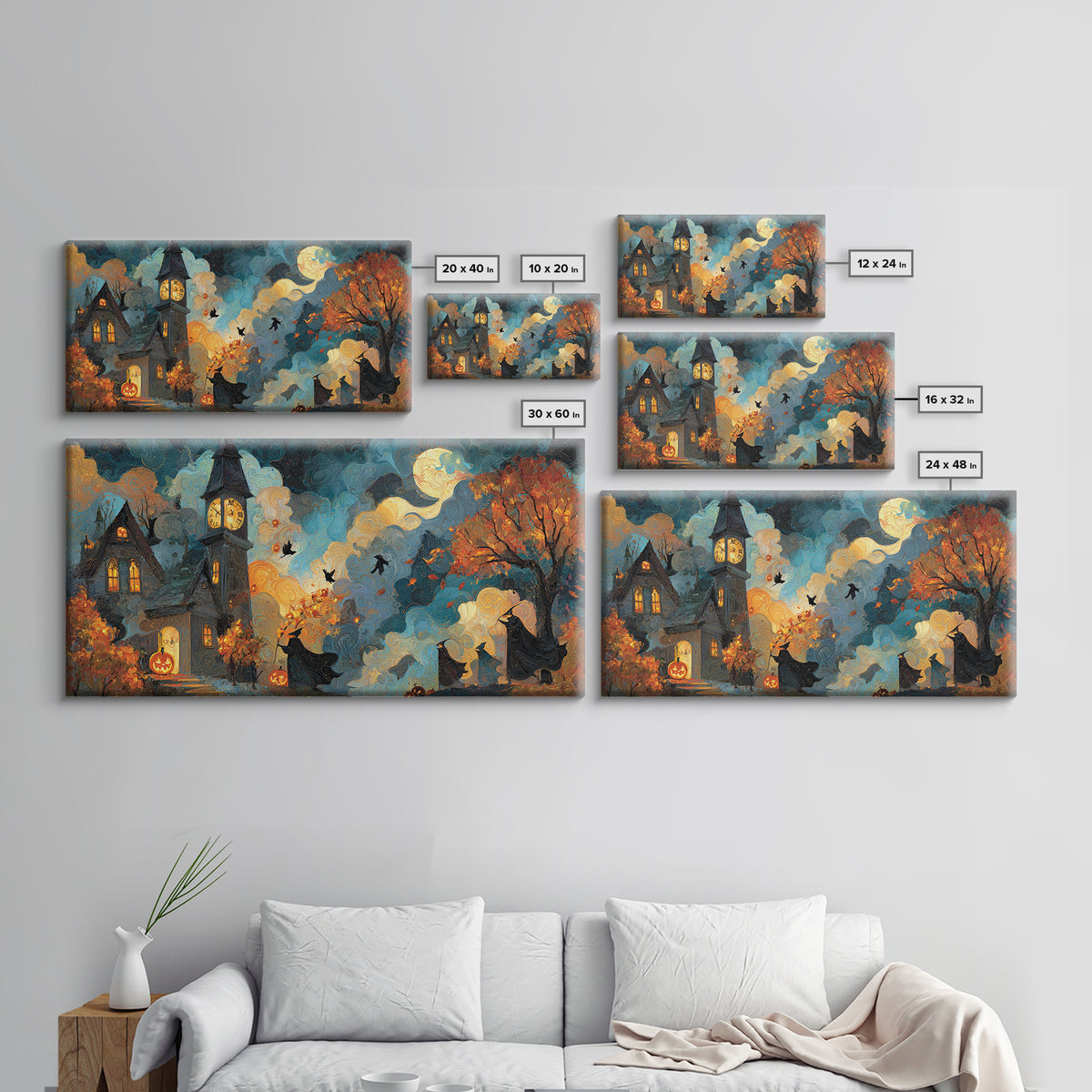 The October Clock Tower - Procession Scene, Halloween Wall Art, Wide Panoramic Art, Framed Canvas Print, Halloween Home Decor