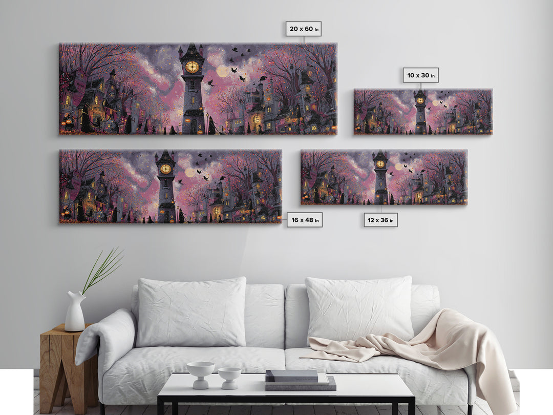 The October Clock Tower - Procession Scene, Gothic Home Decor, Extra Wide Wall Art, Canvas Print, Halloween Home Decor, Gothic Wall Art