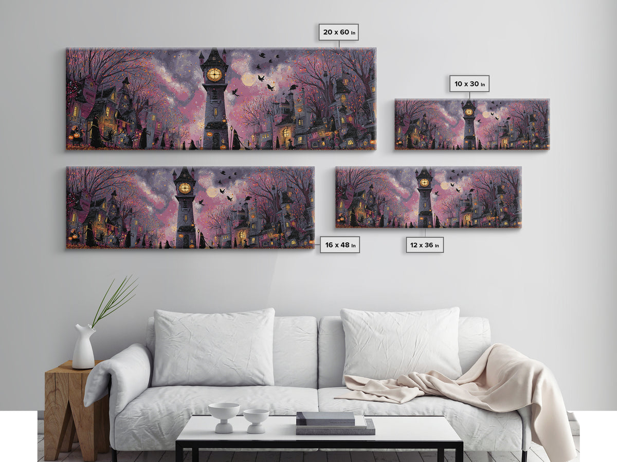 The October Clock Tower - Procession Scene, Gothic Home Decor, Extra Wide Wall Art, Canvas Print, Halloween Home Decor, Gothic Wall Art