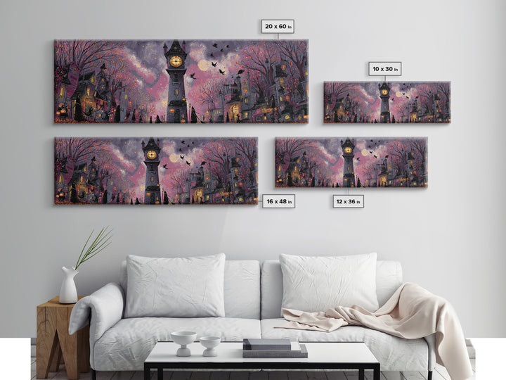 The October Clock Tower - Procession Scene, Gothic Home Decor, Extra Wide Wall Art, Canvas Print, Halloween Home Decor, Gothic Wall Art