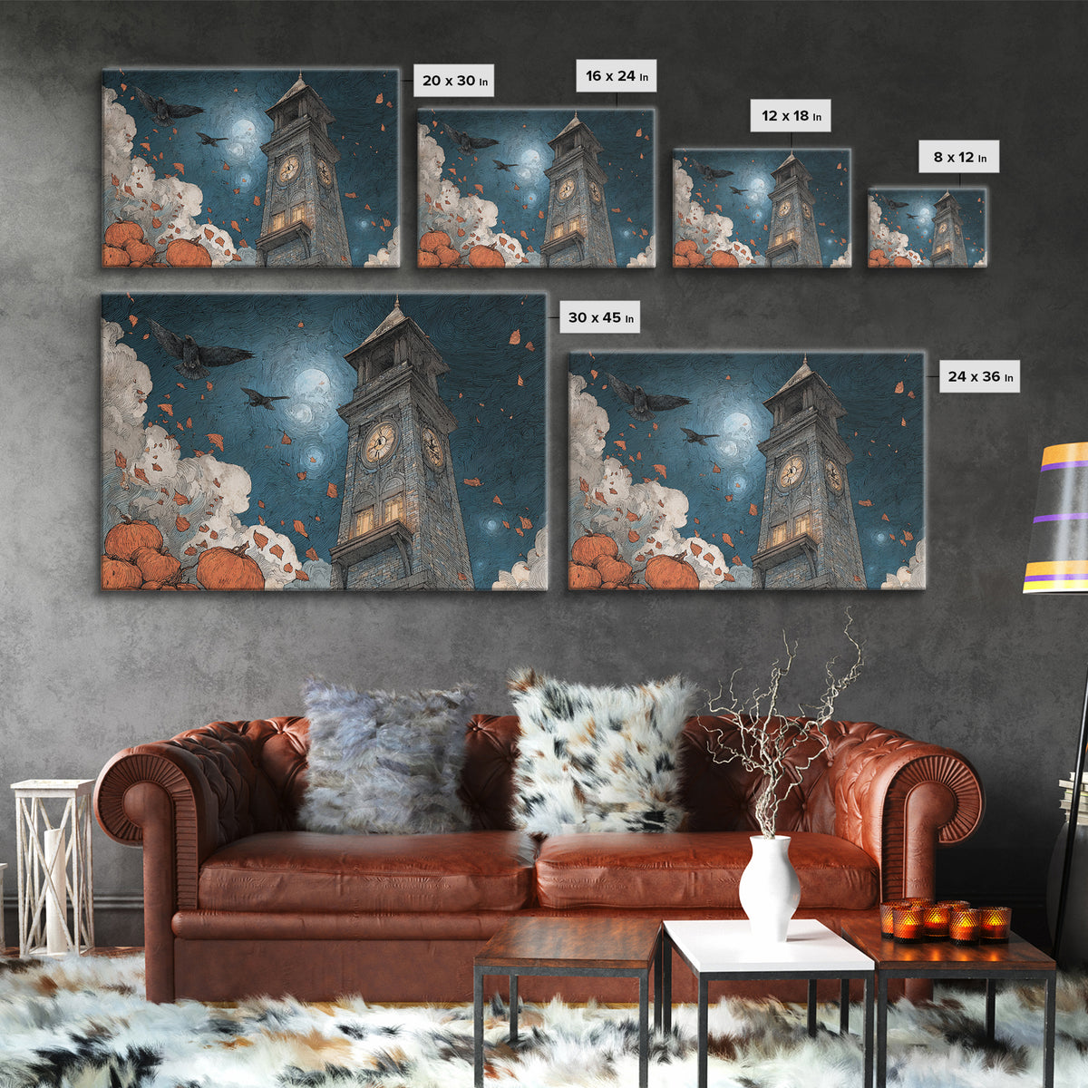 The October Clock Tower - Surreal Celestial Vision, Halloween Wall Art, Landscape Wall Art, Framed Canvas Print, Halloween Home Decor