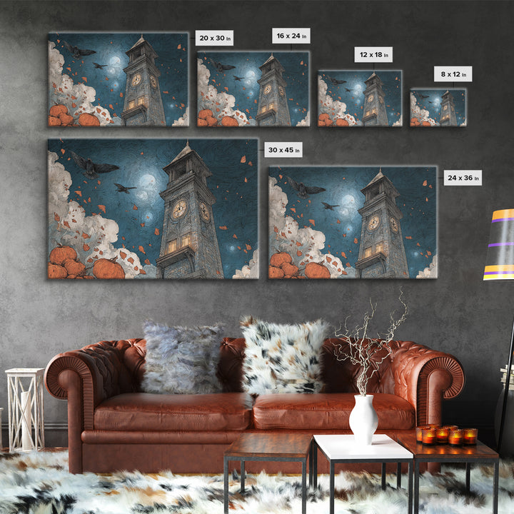 The October Clock Tower - Surreal Celestial Vision, Halloween Wall Art, Landscape Wall Art, Framed Canvas Print, Halloween Home Decor
