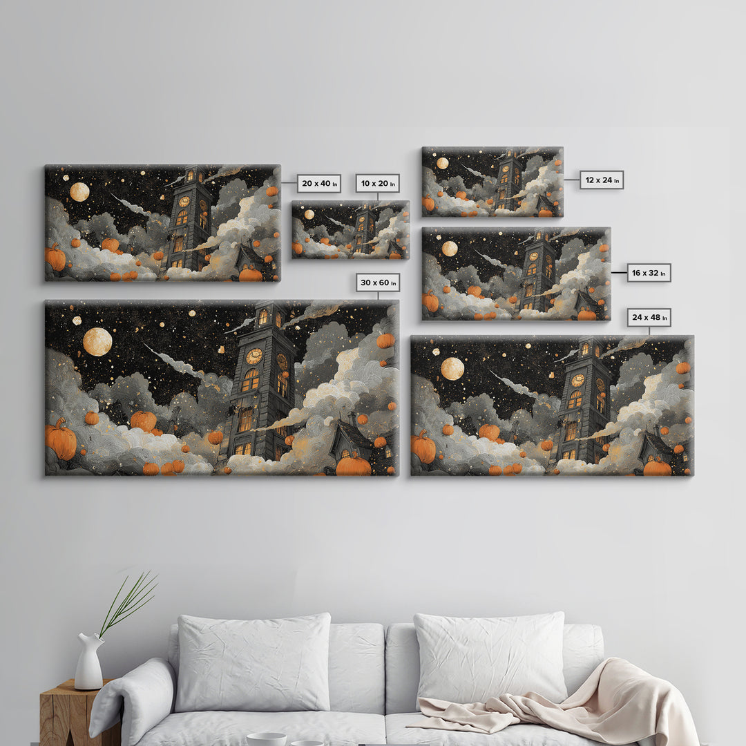 The October Clock Tower - Surreal Celestial Vision, Spooky Wall Decor, Wide Panoramic Art, Framed Canvas Print, Halloween Home Decor