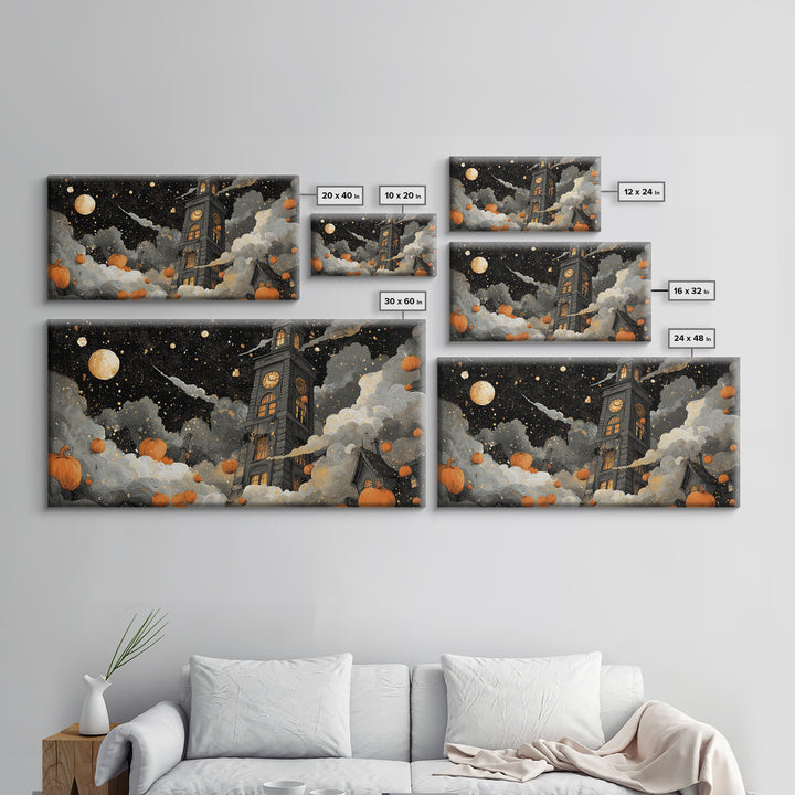 The October Clock Tower - Surreal Celestial Vision, Spooky Wall Decor, Wide Panoramic Art, Framed Canvas Print, Halloween Home Decor