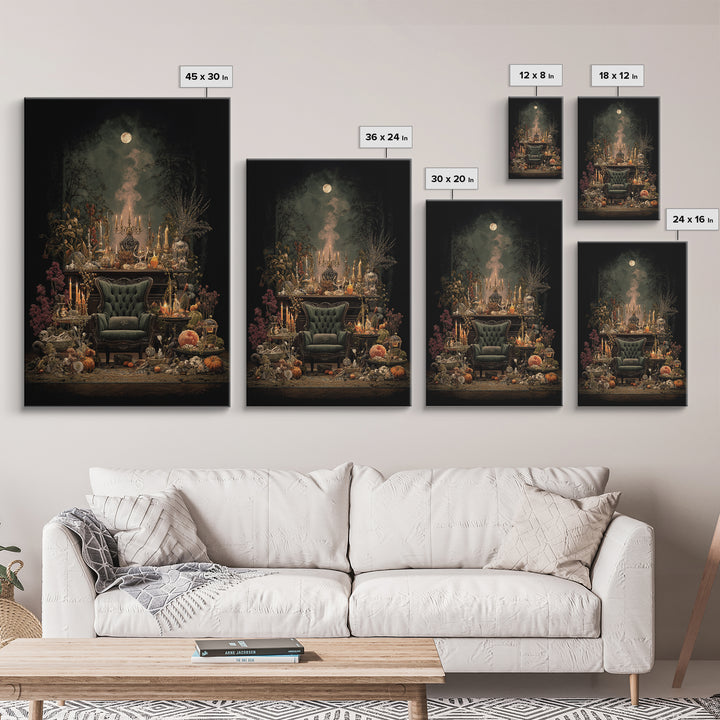 The Spider Queen Parlor - Occult Still Life, Spooky Wall Decor, Vertical Wall Art, Framed Canvas Print, Halloween Home Decor