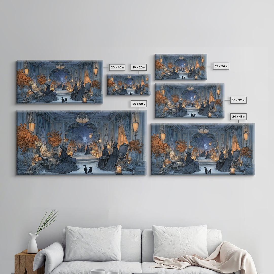 The Spider Queen Parlor - Procession Scene, Spooky Wall Decor, Wide Panoramic Art, Framed Canvas Print, Halloween Home Decor