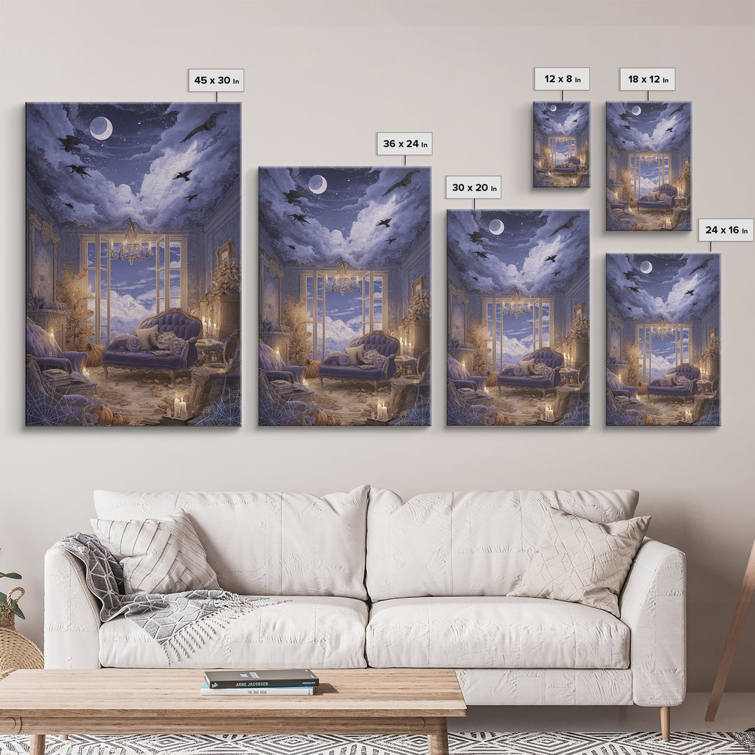 The Spider Queen Parlor - Surreal Celestial Vision, Macabre Halloween Art, Vertical Wall Art, Framed Canvas Print, Halloween Home Decor