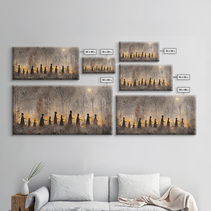 The Golden Funeral Procession - Icon Portrait, Macabre Halloween Art, Wide Panoramic Art, Framed Canvas Print, Halloween Home Decor