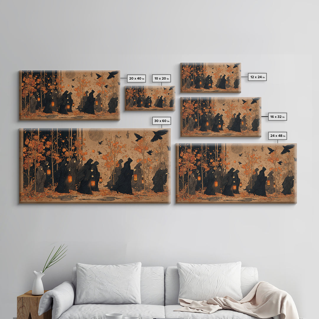 The Golden Funeral Procession - Procession Scene, Spooky Wall Decor, Wide Panoramic Art, Framed Canvas Print, Halloween Home Decor