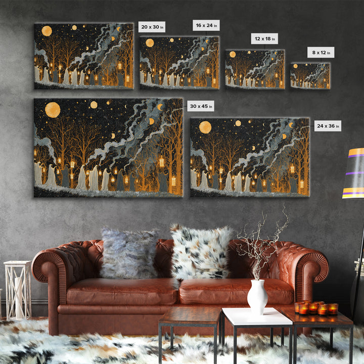 The Golden Funeral Procession - Surreal Celestial Vision, Occult Wall Decor, Landscape Wall Art, Canvas Print, Halloween Home Decor
