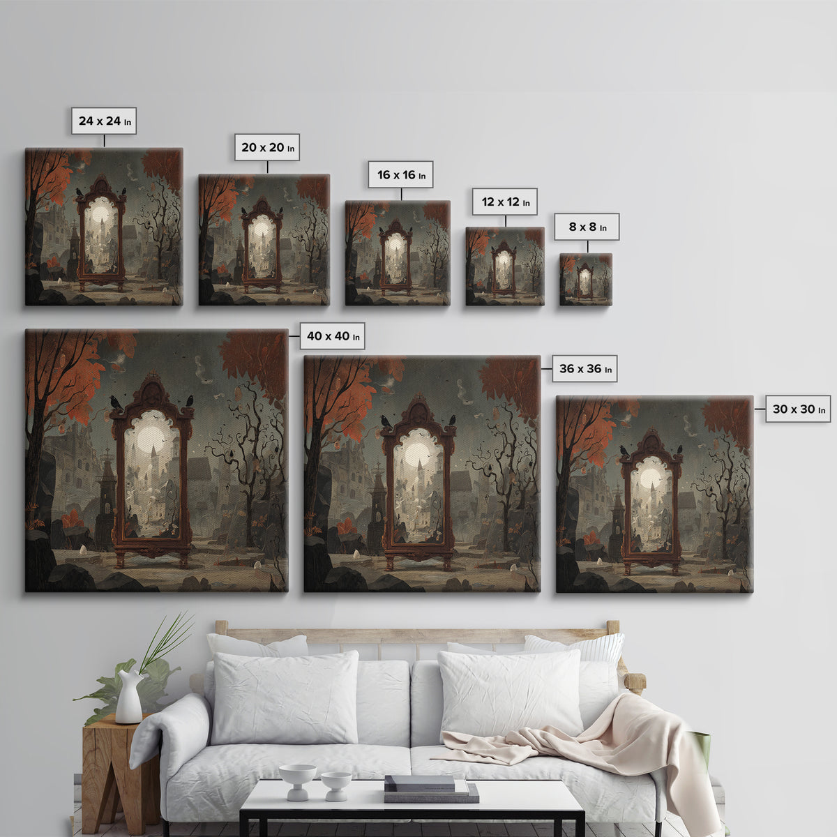 The Monster In The Mirror Cabinet - Environmental Panorama, Halloween Wall Art, Square Wall Art, Framed Canvas Print, Halloween Home Decor