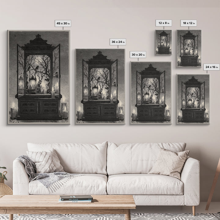 The Monster In The Mirror Cabinet - Procession Scene, Macabre Halloween Art, Vertical Wall Art, Framed Canvas Print, Halloween Home Decor