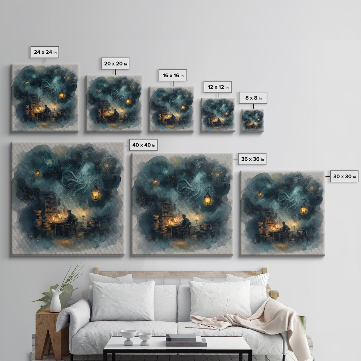 The Librarian Of Forbidden Tides, Spooky Wall Decor, Square Wall Art, Canvas Print, Halloween Home Decor, Gothic Wall Art, Horror Wall Art