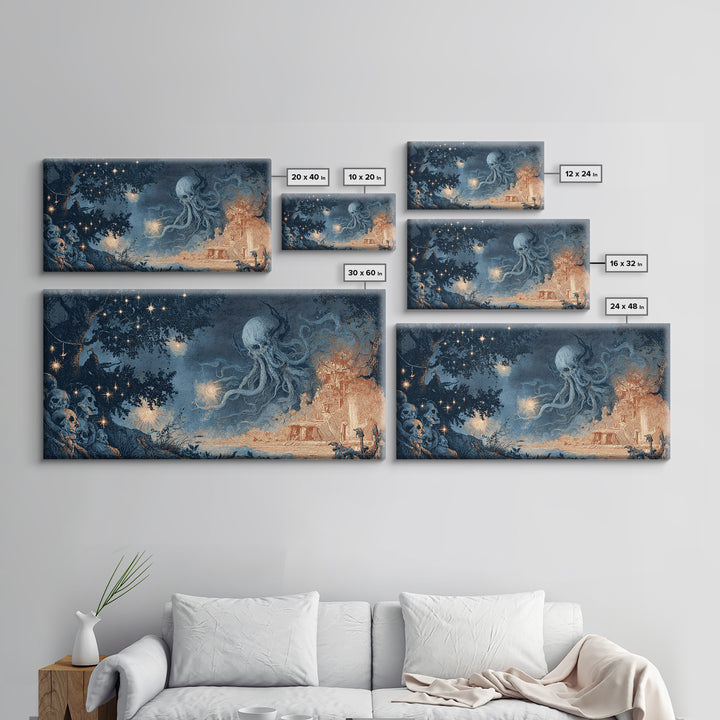 The Bellringer Of The Sunken Cathedral, Spooky Wall Decor, Wide Panoramic Art, Framed Canvas Print, Halloween Home Decor, Gothic Wall Art
