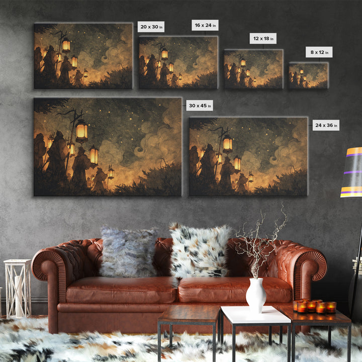 The Innsmouth Lantern Procession, Lovecraftian Wall Art, Landscape Wall Art, Framed Canvas Print, Halloween Home Decor, Gothic Wall Art