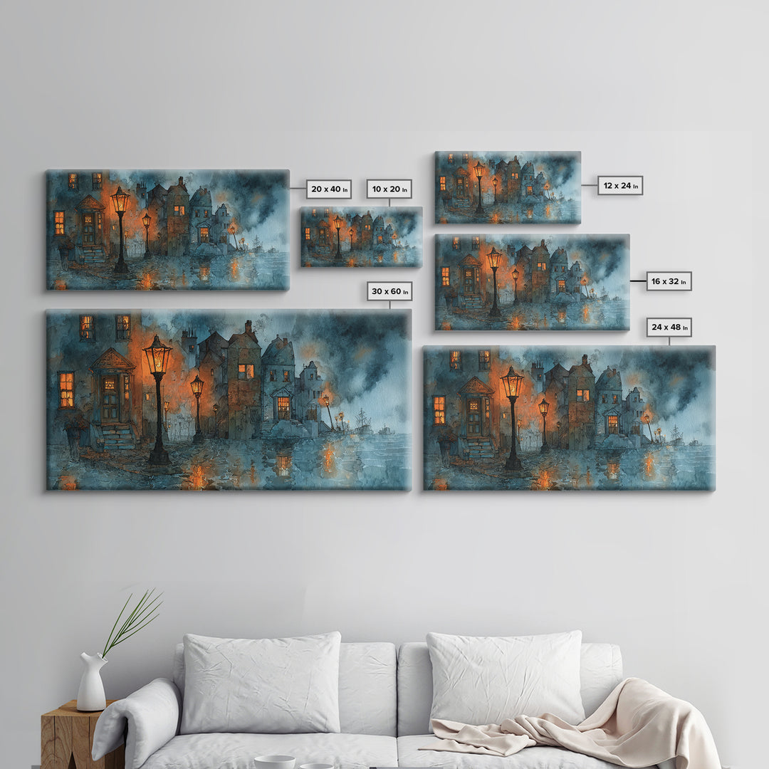 The Innsmouth Lantern Procession, Occult Wall Decor, Wide Panoramic Art, Framed Canvas Print, Halloween Home Decor, Gothic Wall Art