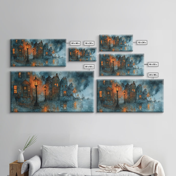 The Innsmouth Lantern Procession, Occult Wall Decor, Wide Panoramic Art, Framed Canvas Print, Halloween Home Decor, Gothic Wall Art