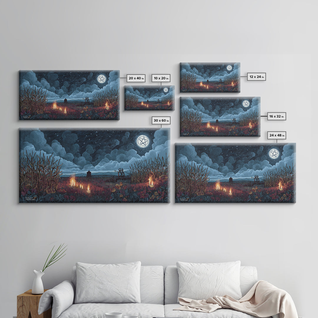 The Harvest Of The Eldritch Field, Occult Wall Decor, Wide Panoramic Art, Framed Canvas Print, Halloween Home Decor, Gothic Wall Art