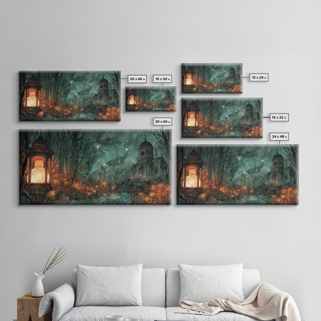 The Lantern Market Beyond The Veil, Eldritch Wall Art, Wide Panoramic Art, Canvas Print, Halloween Home Decor, Gothic Wall Art