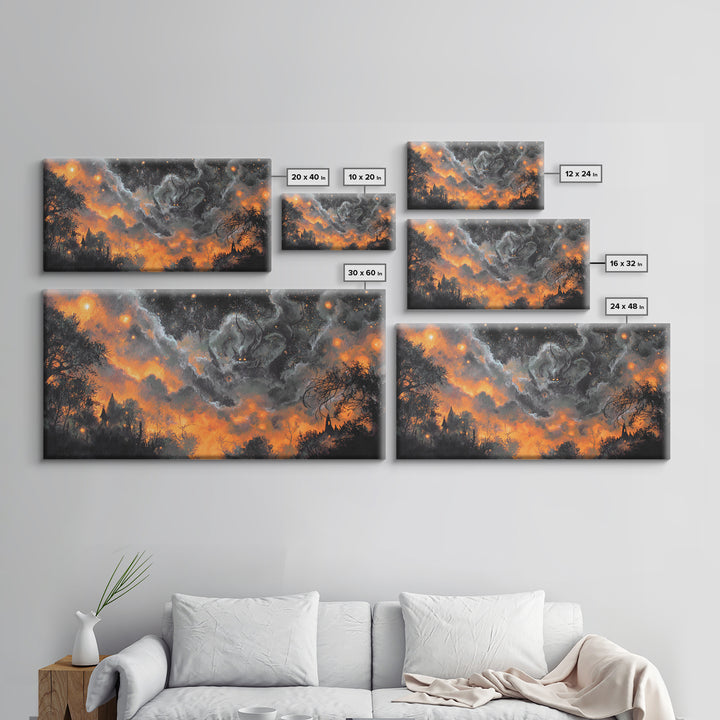 The Moth Prophet Of Kadath, Spooky Wall Decor, Wide Panoramic Art, Framed Canvas Print, Halloween Home Decor, Gothic Wall Art