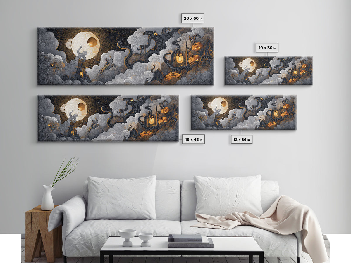 The Moonlit Shoggoth Menagerie, Macabre Halloween Art, Extra Wide Wall Art, Framed Canvas Print, Halloween Home Decor, Gothic Wall Art