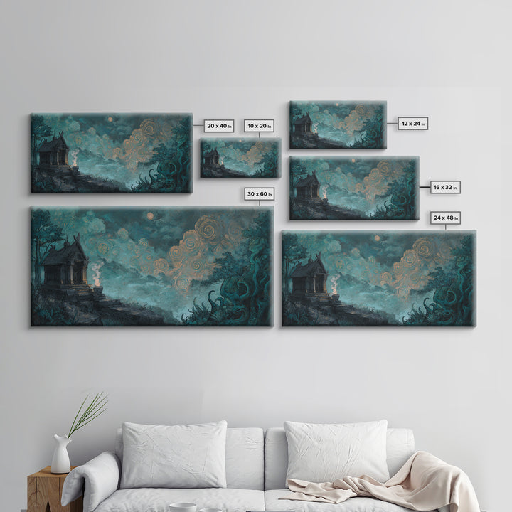 The Custodian Of The Whispering Idol, Cosmic Horror Decor, Wide Panoramic Art, Canvas Print, Halloween Home Decor, Gothic Wall Art