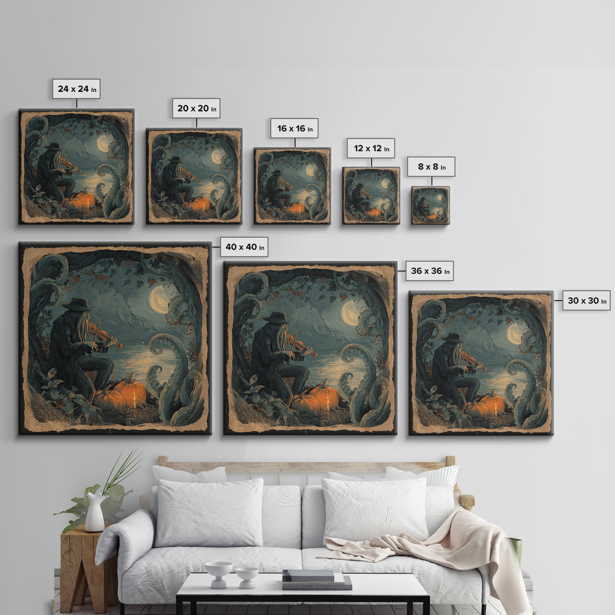 The Violinist Of The Drowned Moon, Macabre Halloween Art, Square Wall Art, Canvas Print, Halloween Home Decor, Gothic Wall Art