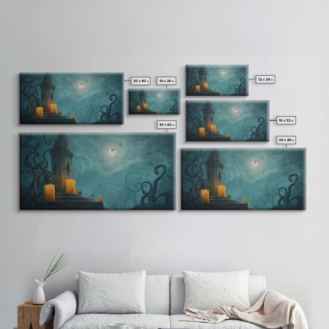 The Candelit Ark Of Forgotten Stars, Gothic Home Decor, Wide Panoramic Art, Framed Canvas Print, Halloween Home Decor, Gothic Wall Art