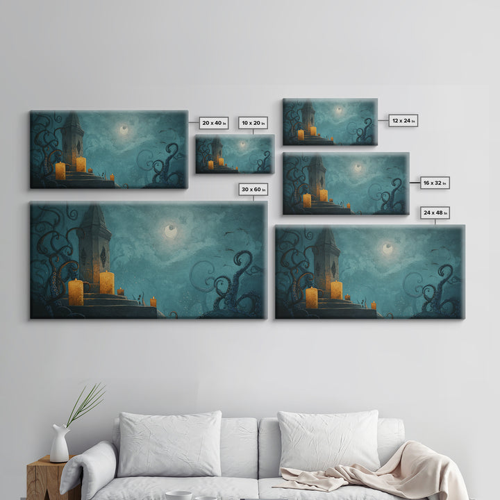 The Candelit Ark Of Forgotten Stars, Gothic Home Decor, Wide Panoramic Art, Framed Canvas Print, Halloween Home Decor, Gothic Wall Art