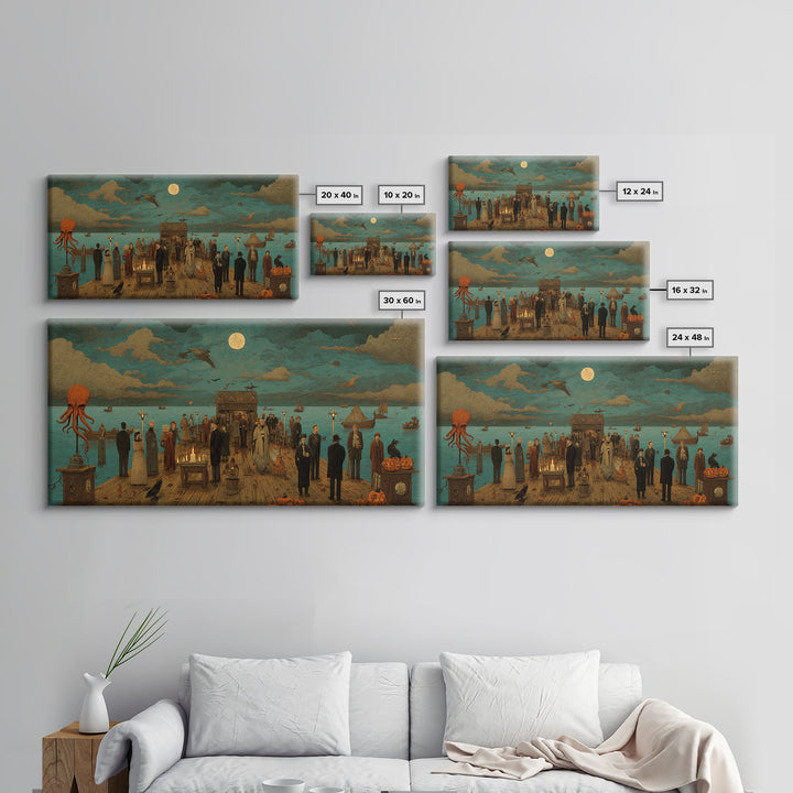 The Tea Party At Innsmouth Pier, Macabre Halloween Art, Wide Panoramic Art, Canvas Print, Halloween Home Decor, Gothic Wall Art