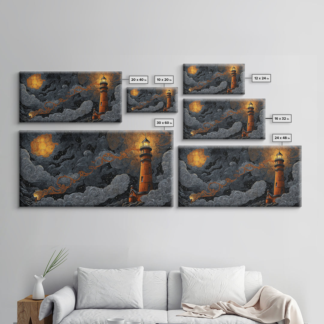 The Last Lighthouse Of Y’Ha-Nthlei, Dark Fantasy Wall Art, Wide Panoramic Art, Framed Canvas Print, Halloween Home Decor, Gothic Wall Art