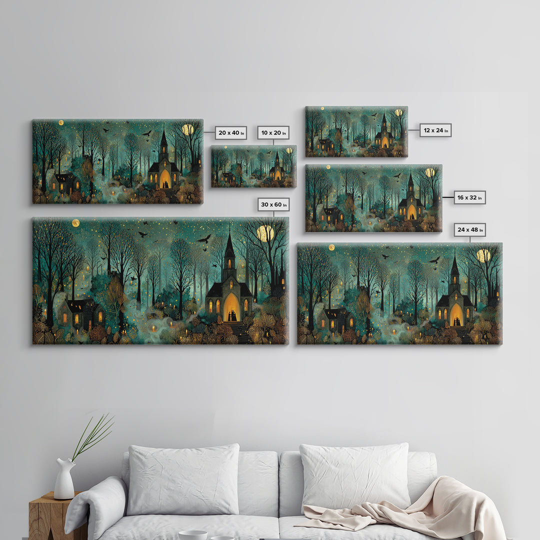 The Raven Sermon Of Leng, Halloween Wall Art, Wide Panoramic Art, Framed Canvas Print, Halloween Home Decor, Gothic Wall Art