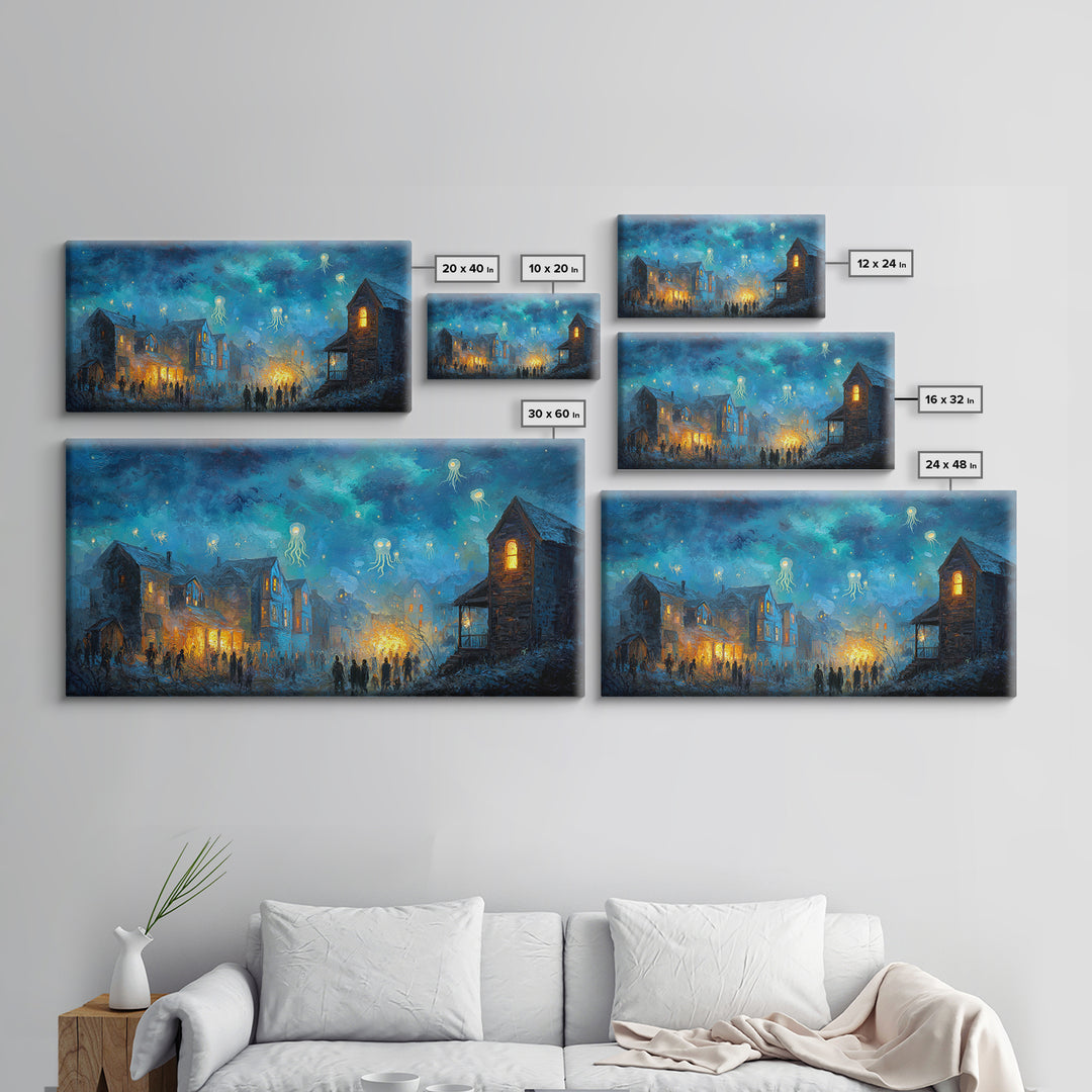 The Festival Of The Little Old Ones, Eldritch Wall Art, Wide Panoramic Art, Canvas Print, Halloween Home Decor, Gothic Wall Art