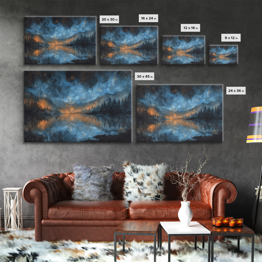 The Mirror Lake Of Lost Constellations, Cosmic Horror Decor, Landscape Wall Art, Framed Canvas Print, Halloween Home Decor, Gothic Wall Art