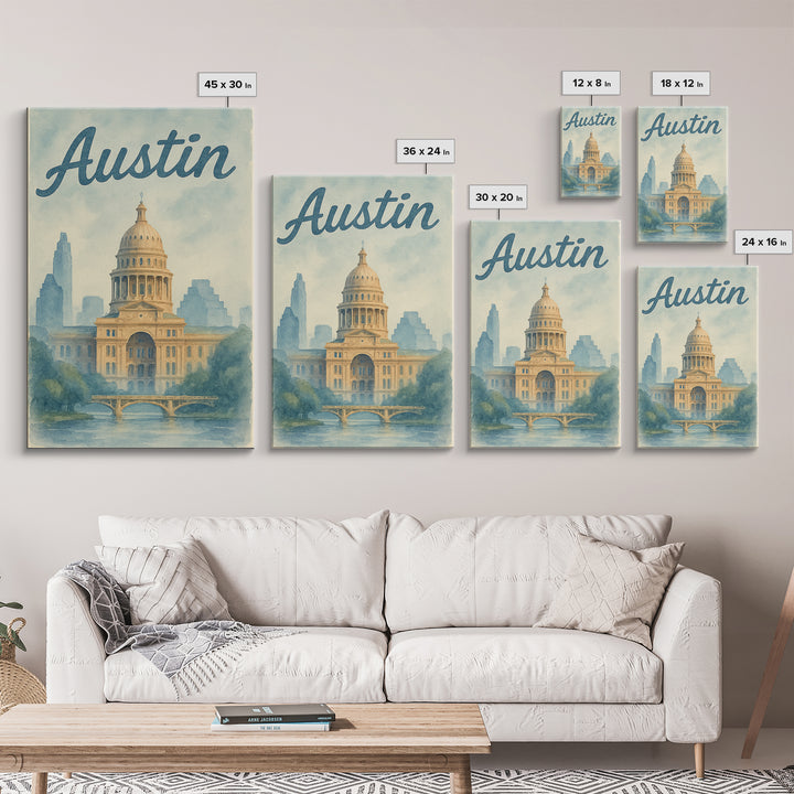 Austin Travel Poster, Canvas Print, Painted Travel Poster Art, Austin City Art, Gift For Travelers, Fine Art Print, City Travel Prints