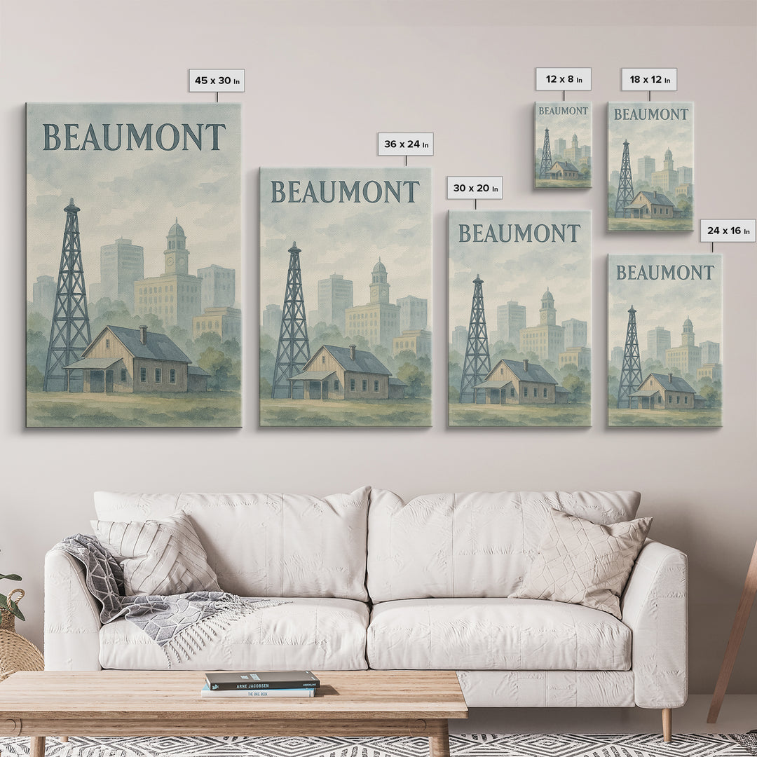 Beaumont Texas Travel Poster, Canvas Print, Painted Travel Poster Art, Beaumont Travel Art, Watercolor Urban Skyline, Living Room Wall Art